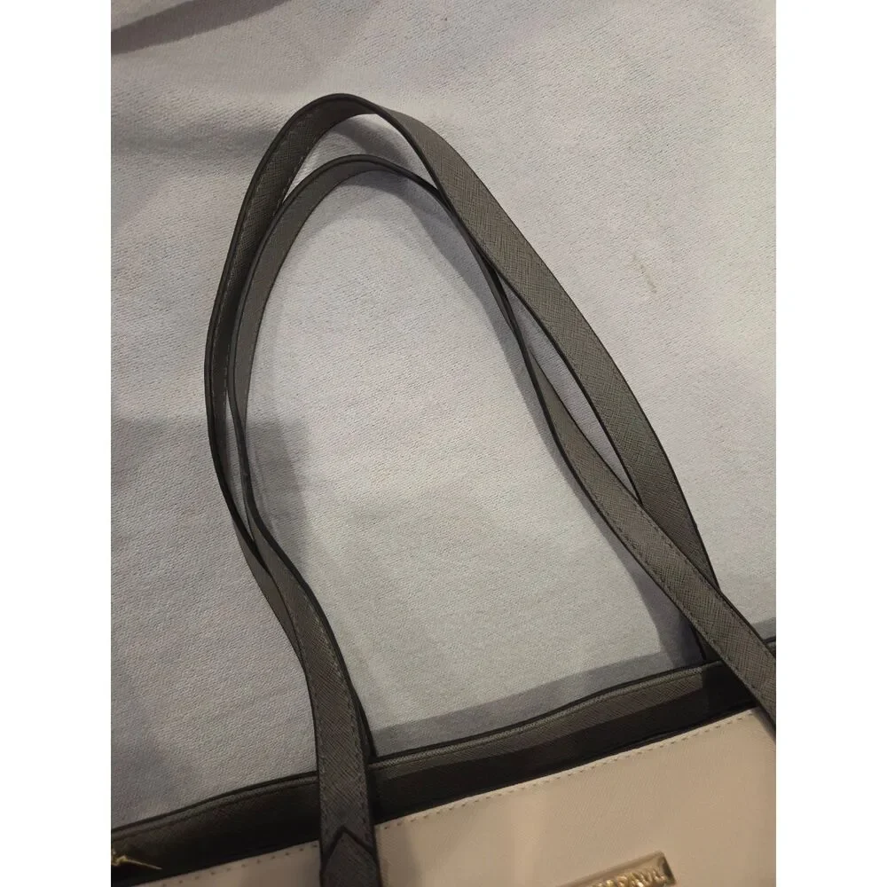 Elim & Paul Cream Gray Structured Tote Bag Saffiano Faux Leather Gold Hardware